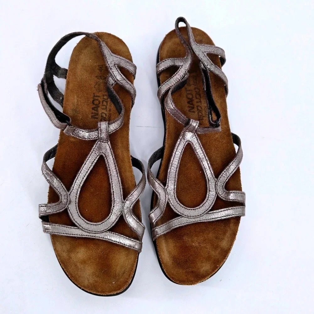 Naot Dorith Strappy Sandal Pewter Metallic Leather Flat Comfort Shoes EU 40 US 9